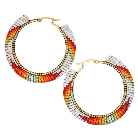Red & White Miyuki Seed Bead Hoop Earrings - Picture 1 of 2